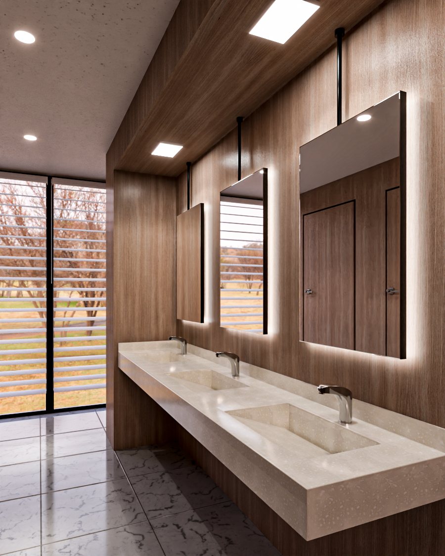 Baño con lavabo corrido continuo y madera
